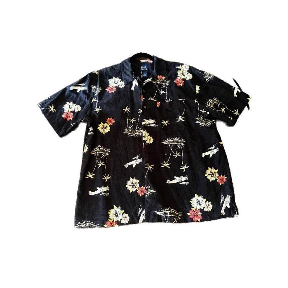 High Sierra Linen Blend Black Hawaiian Shirt with Airplane and Palm Tree Print